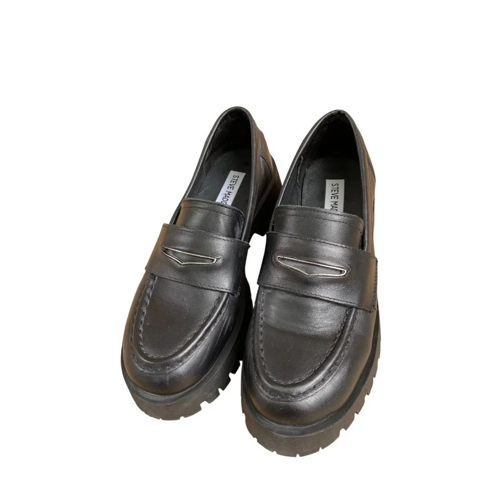Steve Madden Women Black Lawrence Chunky Loafers Size 7.5 Leather platform Y2K‎